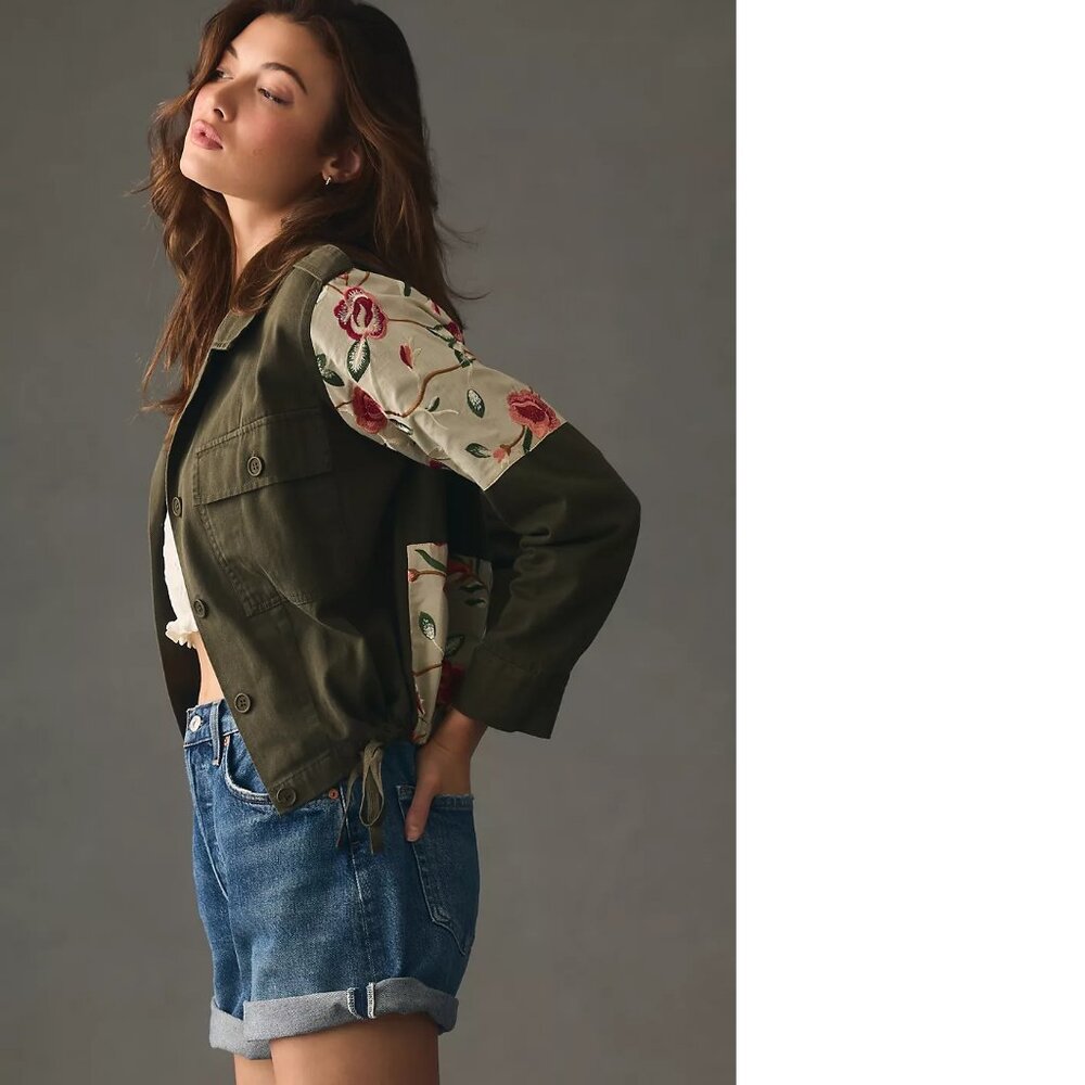new ANTHROPOLOGIE Tiny Leslie Embroidered Utility Jacket size S new nwt green